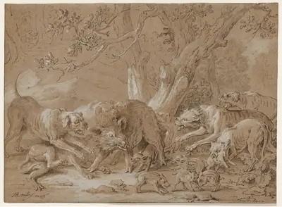 Wild Sow and Her Young Attacked by Dogs