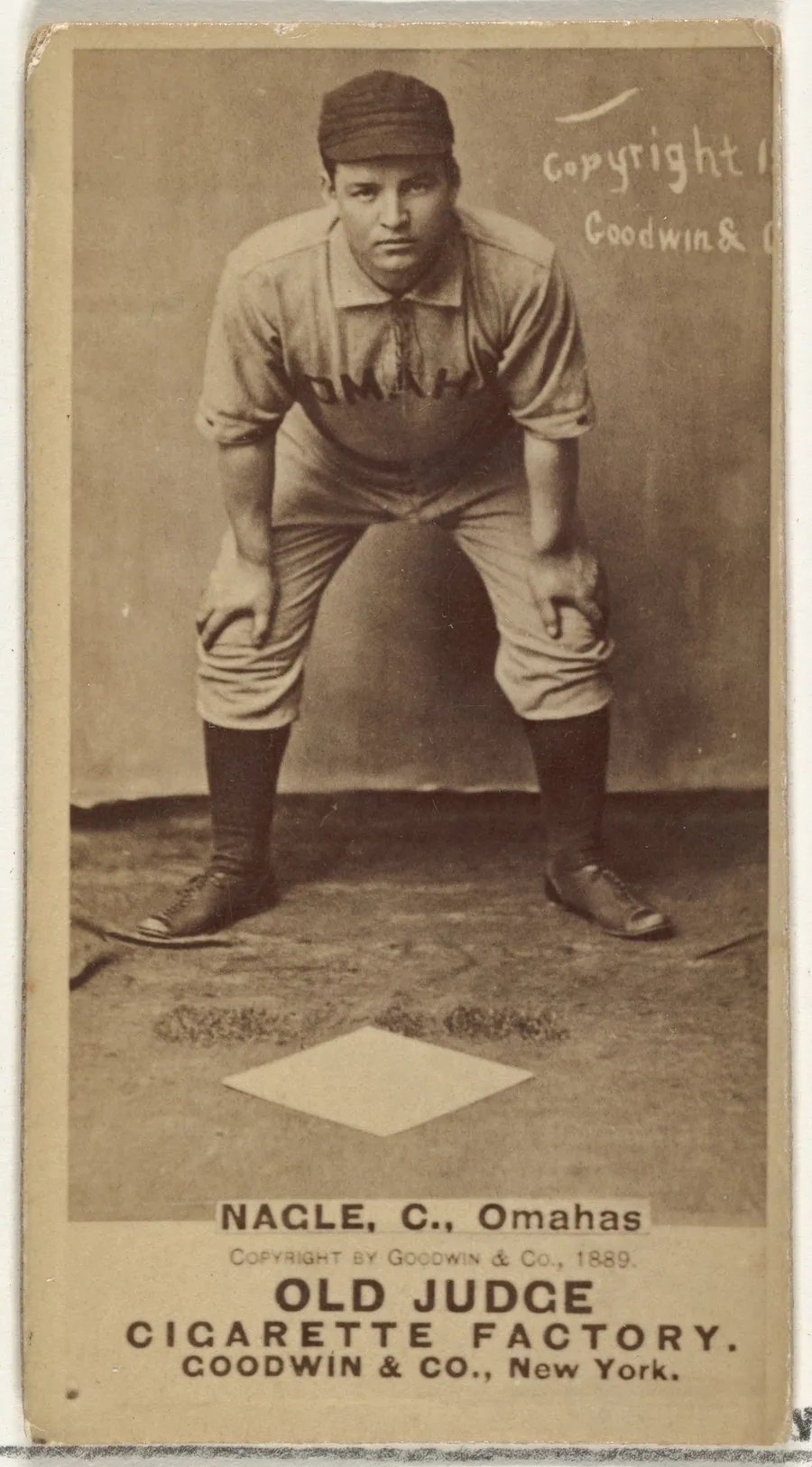 Nagle, Catcher, Omaha Omahogs/ Lambs, from the Old Judge series (N172) for Old Judge Cigarettes by Goodwin & Company