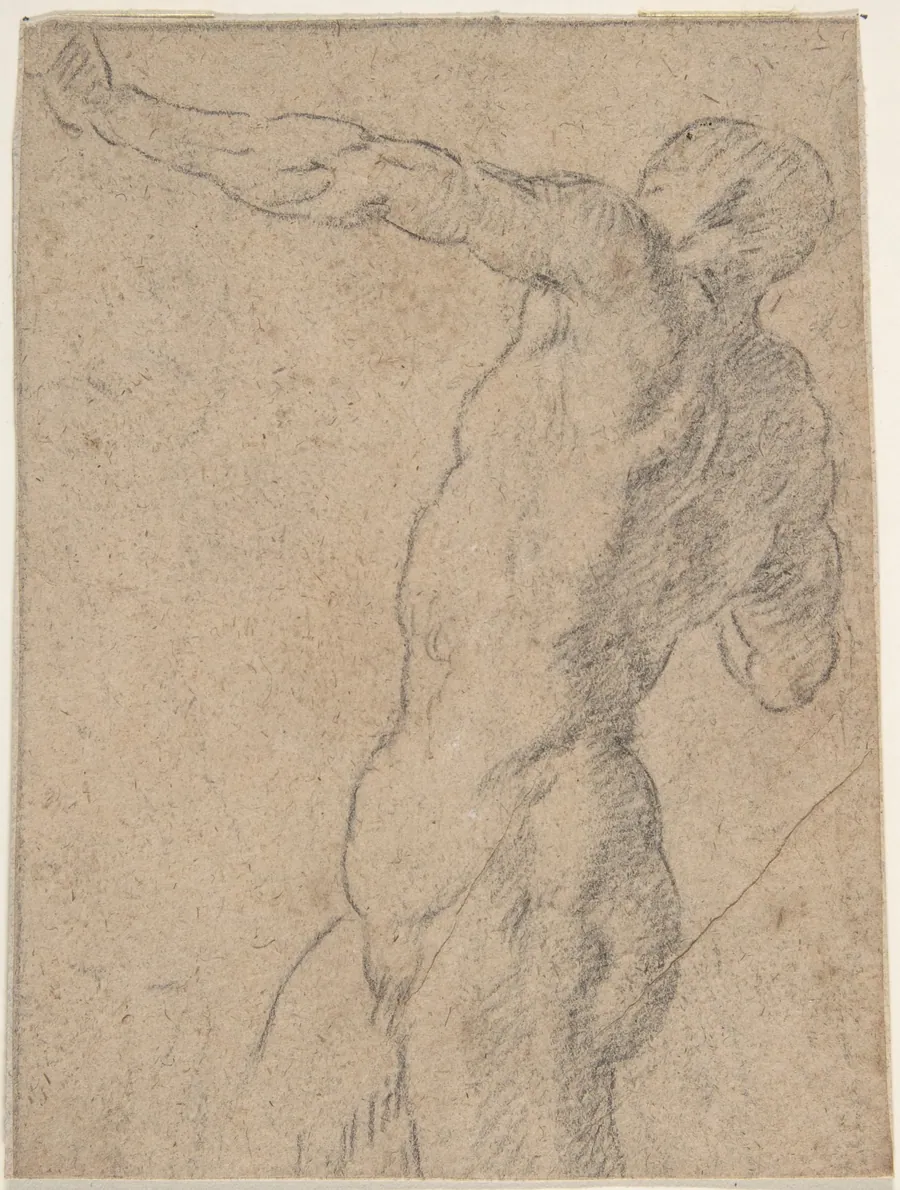 Life Study of Standing Male Nude in Three-Quarter Length by Anonymous, Spanish, School of Seville, 17th century