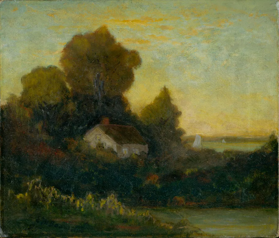 Untitled (house in woods near lake) by Edward Mitchell Bannister, born St. Andrews, New Brunswick, Canada 1828-died Providence, RI 1901