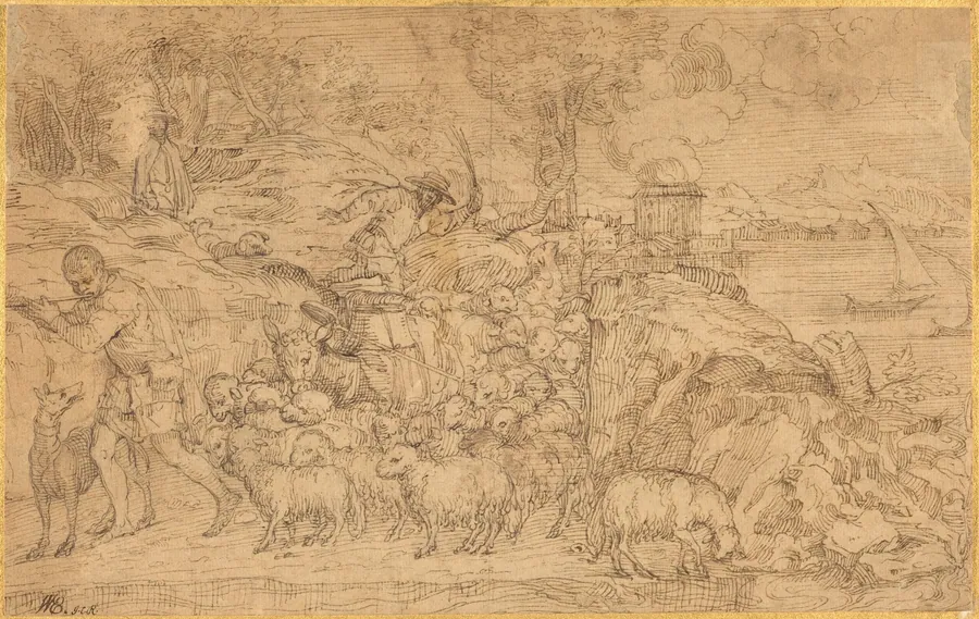 Shepherd Playing a Flute and Leading His Flock by Domenico Campagnola