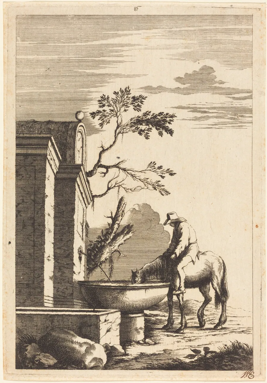 Horse and Rider at a Fountain by Bernhard Zaech