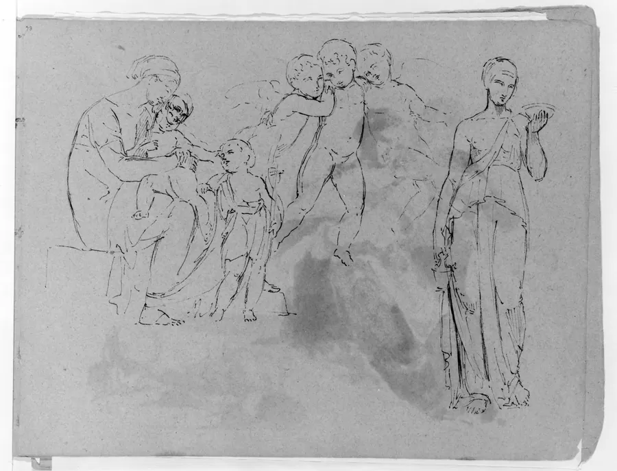 Madonna With Christ and John Baptist [?]; Three Cherubs; Standing Classical Female Figure, Holding Bowl (from Sketchbook) by Thomas Sully