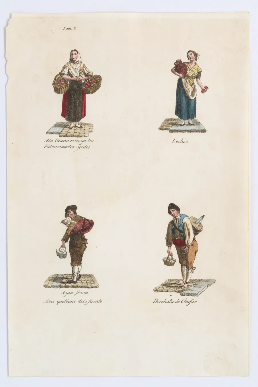 Plate 3: four street vendors from Madrid selling large tomatoes, milk, water, milk shakes, from 'Los Gritos de Madrid' (The Cries of Madrid) by Imprenta Real, Madrid