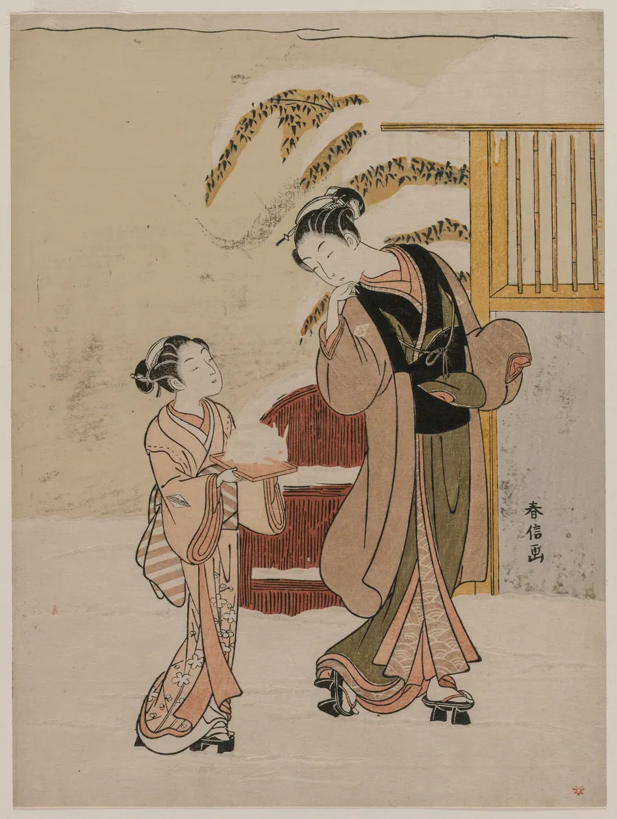 Young Woman Admiring a Snow Rabbit by Suzuki Harunobu
