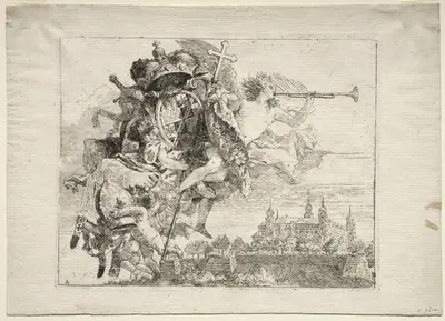 Flight into Egypt: Dedication with Winged Figure of Fame bearing the Arms of the Prince-Bishop of Wurzburg