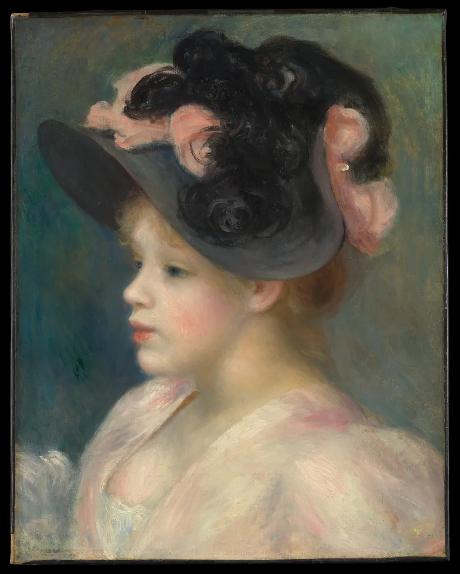 Young Girl in a Pink-and-Black Hat by Auguste Renoir