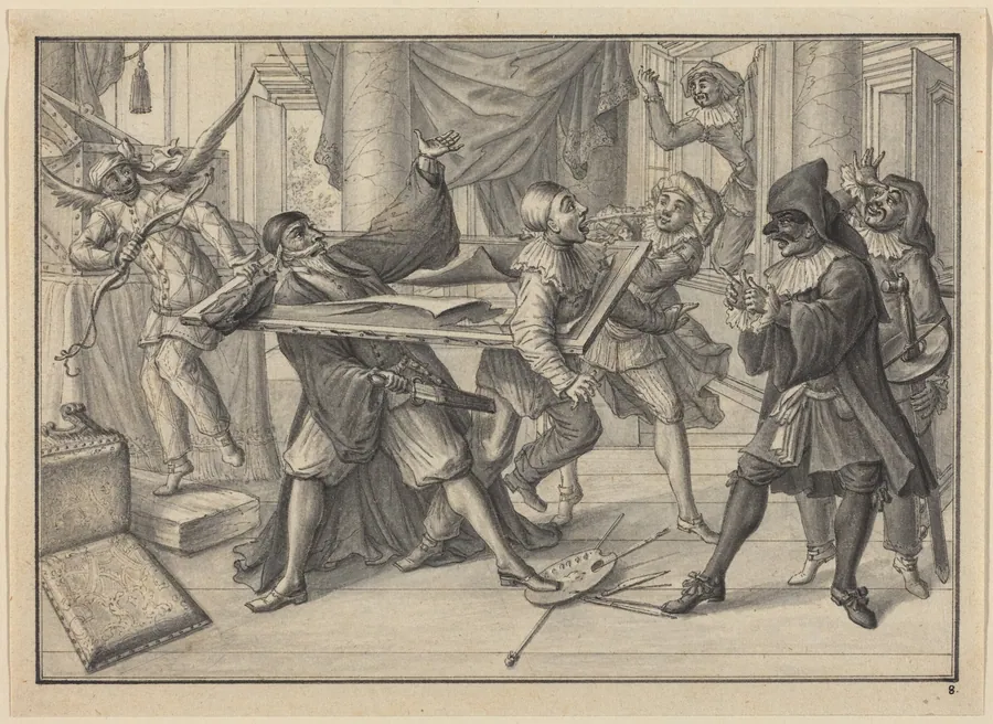 Mezzetin and Harlequin Use the Picture Frame to Catch Pantaloon and Pierrot by Johann Jacob Schübler