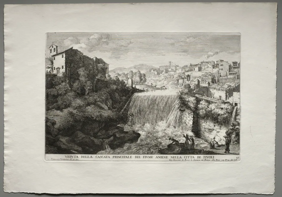 The Fountains of Rome (Le fontane di Roma), Book IV, plate 27: View of the Principal Cascade of the River Aniene in the City of Tivoli (Veduta della Cascata Principale del Fiume Aniene nelle citta di Tivoli) by Giovanni Francesco Venturini