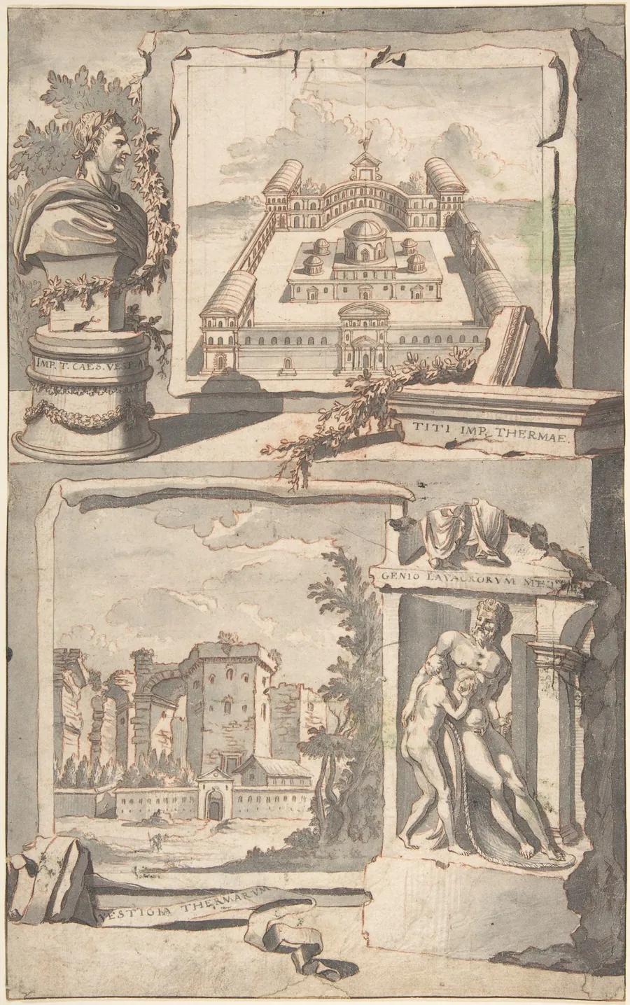 Reconstruction of the Thermae of Titus (above) and a View of the Ruins (below) by Jan Goeree