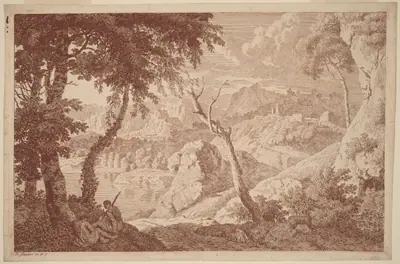 Mountain Landscape with Two Men Resting
