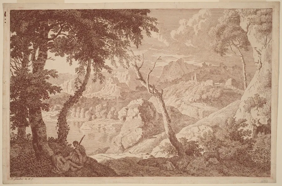 Mountain Landscape with Two Men Resting by Johannes Glauber