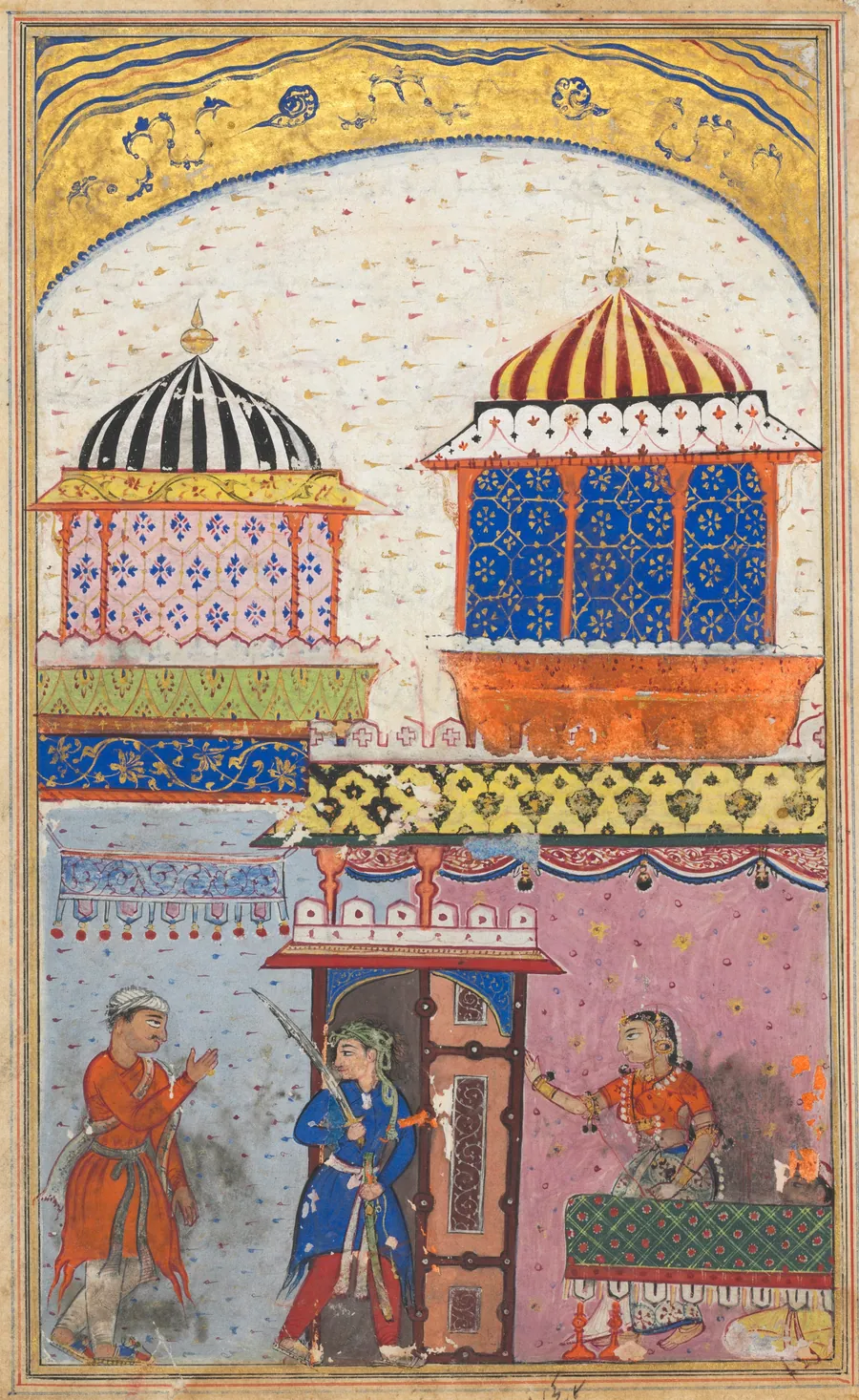 A woman asks her lover to leave her house, brandishing his sword and feigning rage in order to deceive her husband who has just arrived, from a Tuti-nama (Tales of a Parrot): Eighth Night by Gujarati