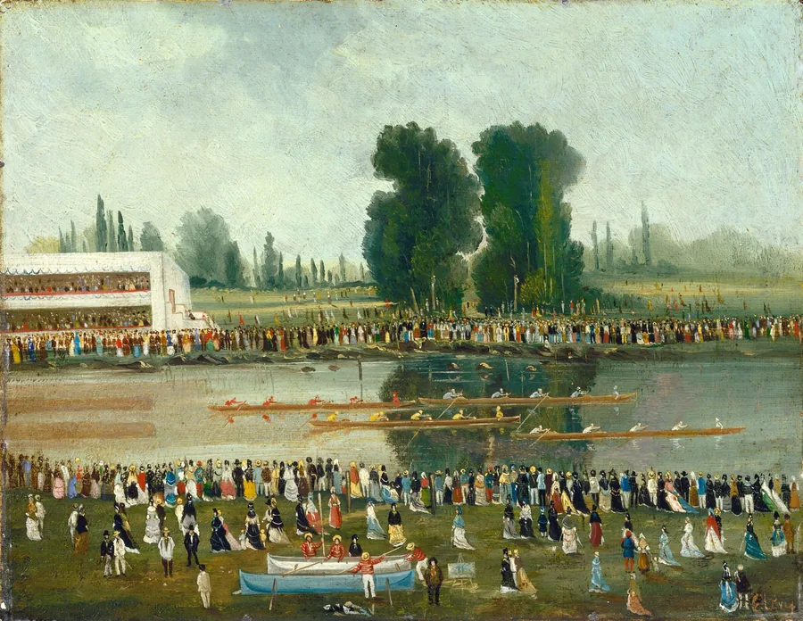 Rowing Scene: Crowds Watching from the River Banks by Émile Lévy