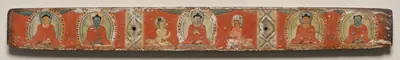 Ratnasambhava, Akshobhya, Vairochana with attendants, Amitabha, and Amoghasiddhi, Top cover, from a Manuscript of the Perfection of Wisdom in Eight Thousand Lines (Ashtasahasrika Prajnaparamita-sutra)