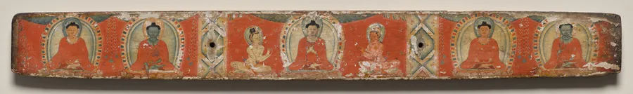 Ratnasambhava, Akshobhya, Vairochana with attendants, Amitabha, and Amoghasiddhi, Top cover, from a Manuscript of the Perfection of Wisdom in Eight Thousand Lines (Ashtasahasrika Prajnaparamita-sutra)