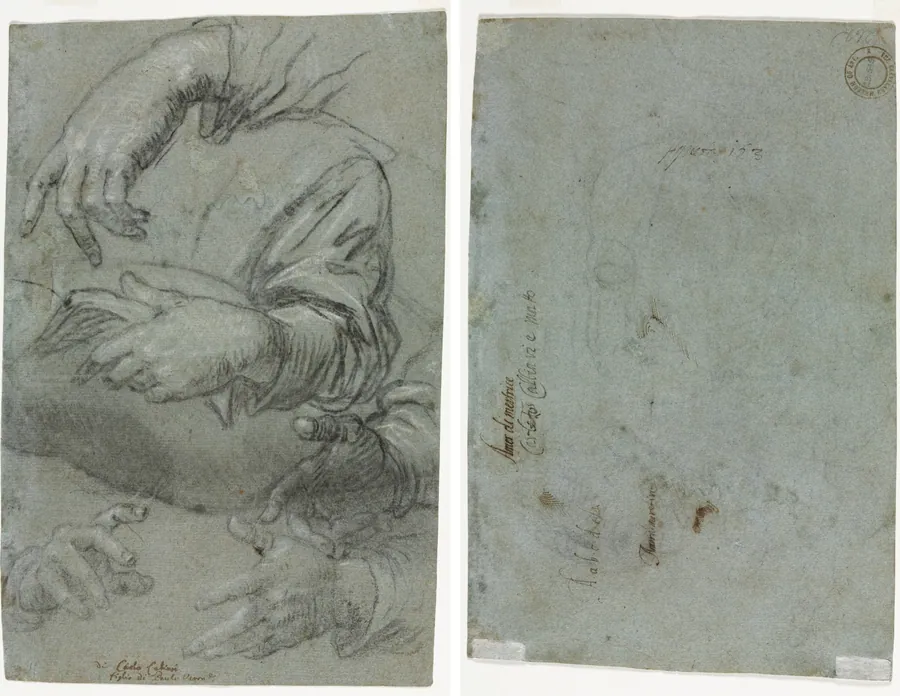 Studies of Hands (recto); Sketch of a Child's Head (verso) by Carletto Caliari