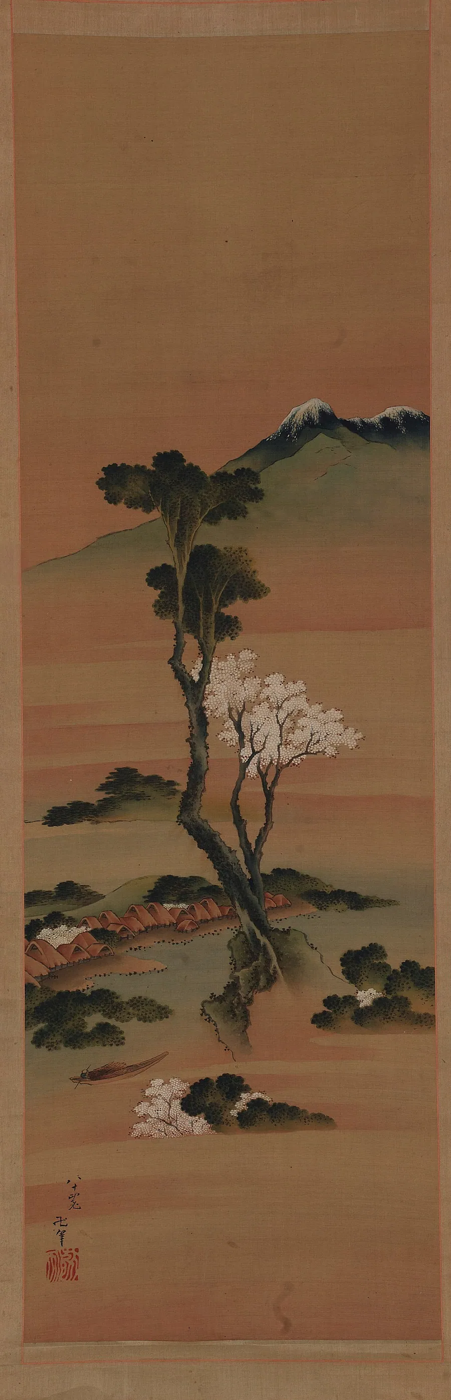 River landscape: village and tall trees by Katsushika Hokusai 葛飾北斎 (1760-1849)