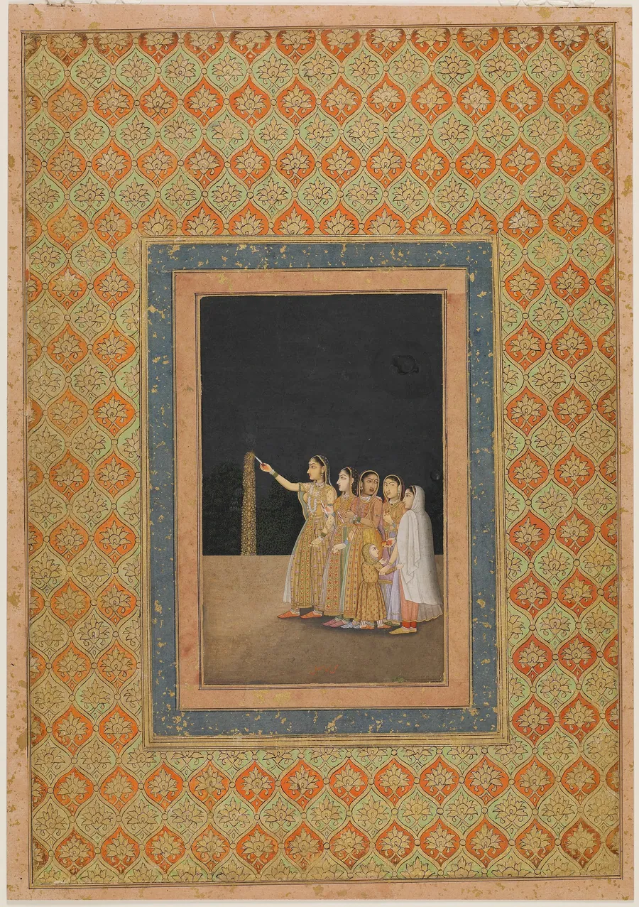 Court ladies playing with fireworks by Attributed to Muhammad Afzal (active 1740-1780)