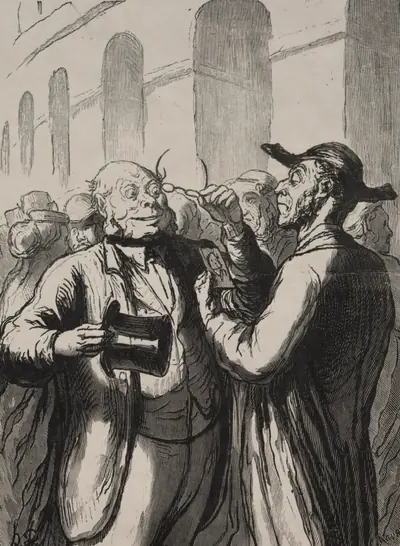 At the Universal Exhibition: Security check at the entrance: the bald need to lift their hats, and the short-sighted need to remove their glasses.