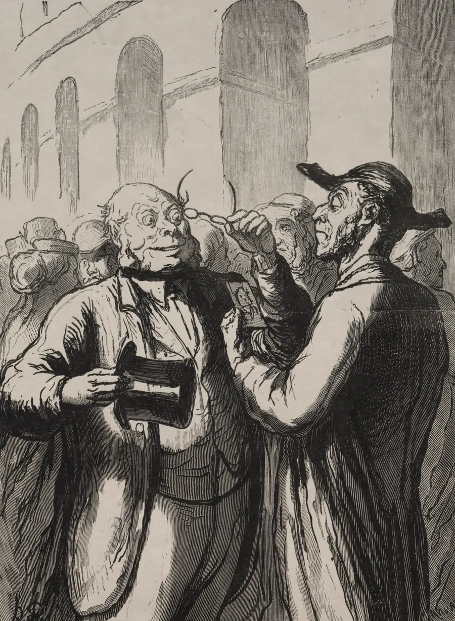 At the Universal Exhibition: Security check at the entrance: the bald need to lift their hats, and the short-sighted need to remove their glasses. by Honoré Daumier