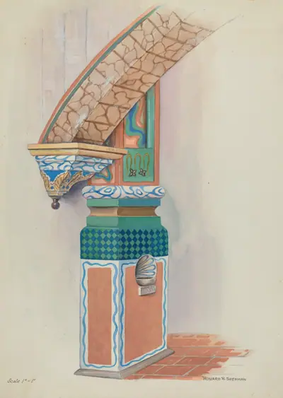 Pilaster with Holy Water-Font & Arch Below Choir Loft