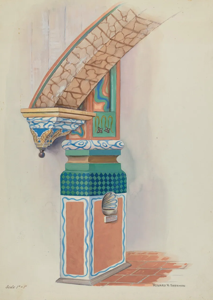 Pilaster with Holy Water-Font & Arch Below Choir Loft by Howard H. Sherman