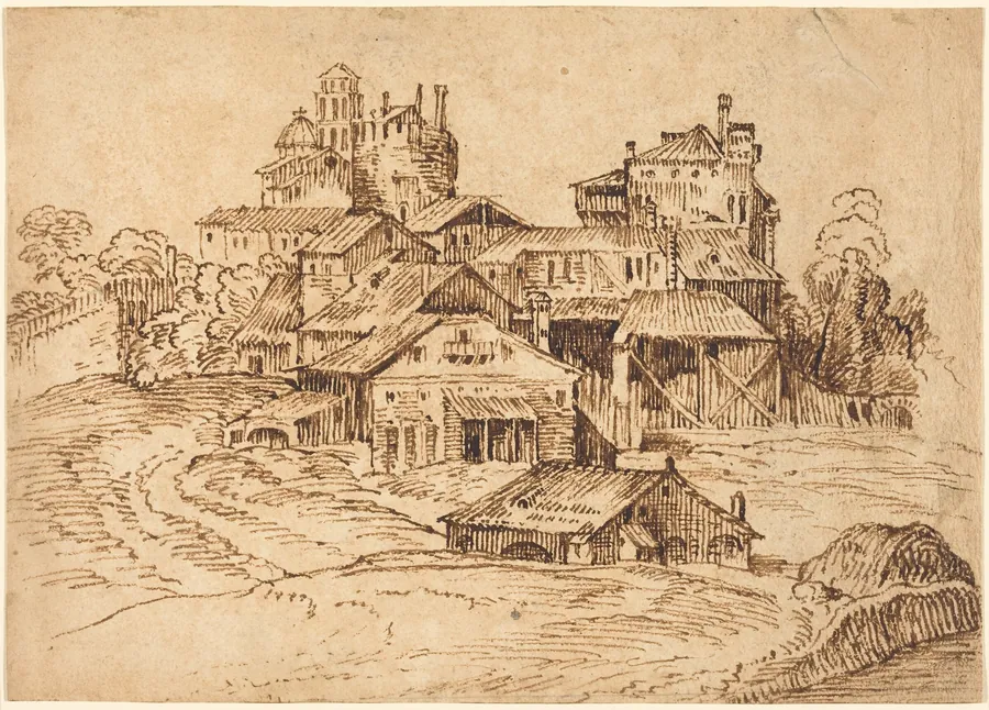 View of an Italian Town (after Titian or Domenico Campagnola) by Bolognese 17th Century