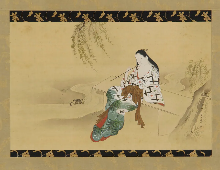 Landscape: a <em>yujo</em> sitting on a bench by Miyagawa Choshun 宮川長春 (1683-1753)