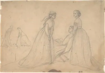 Three Women in Conversation beside a Croquet Field (recto); Studies of a Ballet Dancer, a Woman's Profile, and a Seated Woman (verso)