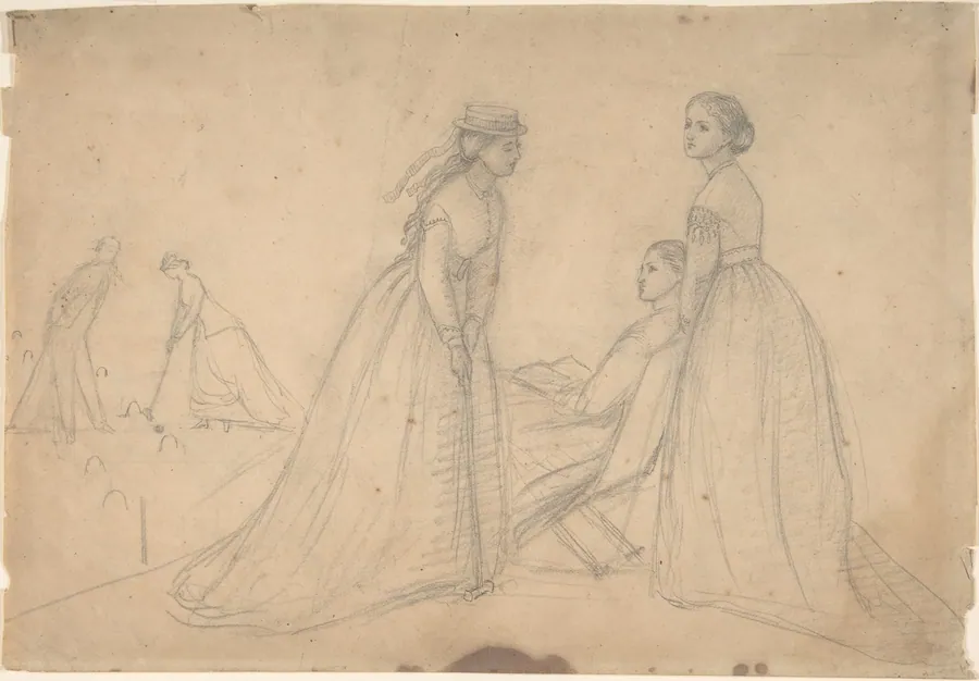 Three Women in Conversation beside a Croquet Field (recto); Studies of a Ballet Dancer, a Woman's Profile, and a Seated Woman (verso) by Louisa Starr Canziani