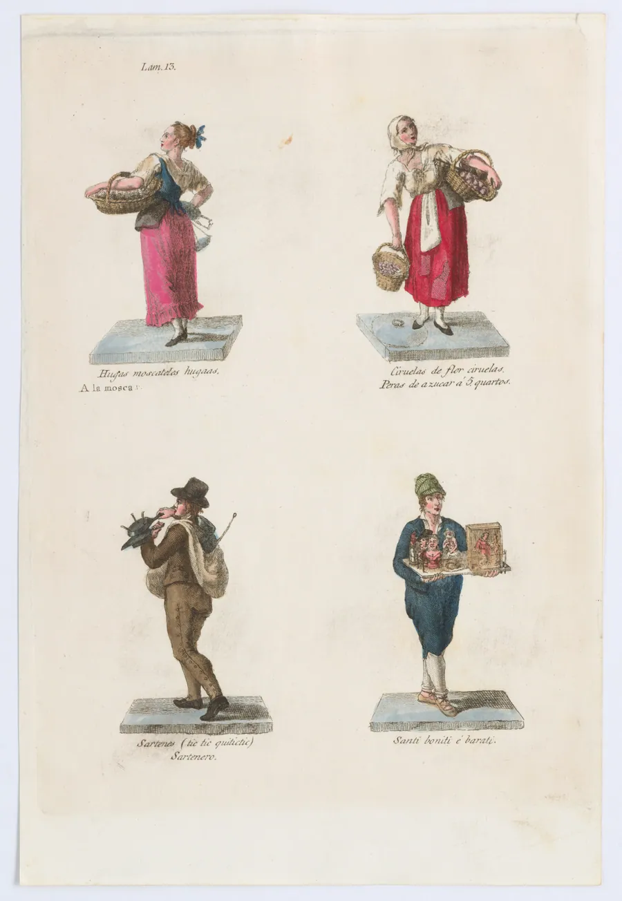 Plate 13: four street vendors from Madrid selling muscat grapes, plums, pans and pop-up saints, from 'Los Gritos de Madrid' (The Cries of Madrid) by Imprenta Real, Madrid