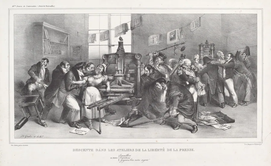 Descente dans les Ateliers de la Liberté de la presse (Raid on the Workshops of the Freedom of the Press) by Jean-Ignace-Isidore Grandville