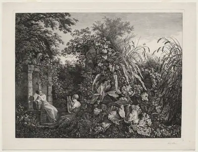 Youth Playing a Lyre to a Maiden by a Fountain