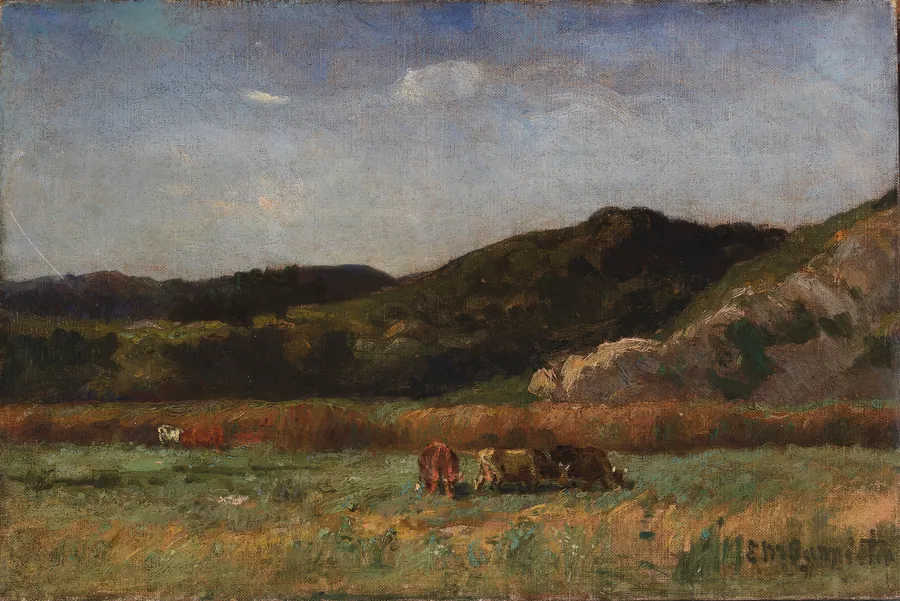 Untitled (landscape with cows grazing, hills) by Edward Mitchell Bannister, born St. Andrews, New Brunswick, Canada 1828-died Providence, RI 1901