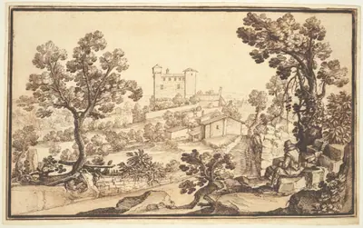 Landscape with a Man Resting, Farm Houses, and a Castle
