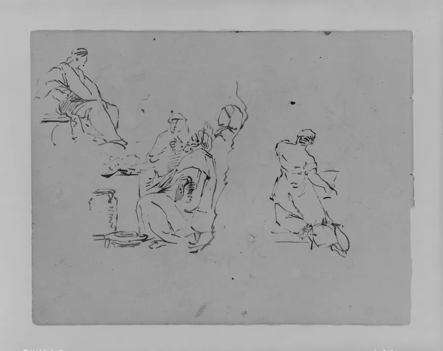 Seated Figure, Three Men in Group, Kneeling Woman from Rear, Kneeling Woman from Rear (from Sketchbook) by Thomas Sully