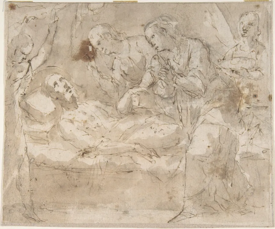 Death of a Male Saint (Joseph?) with Four Secondary Figures by Anonymous, Spanish, School of Seville, 17th century