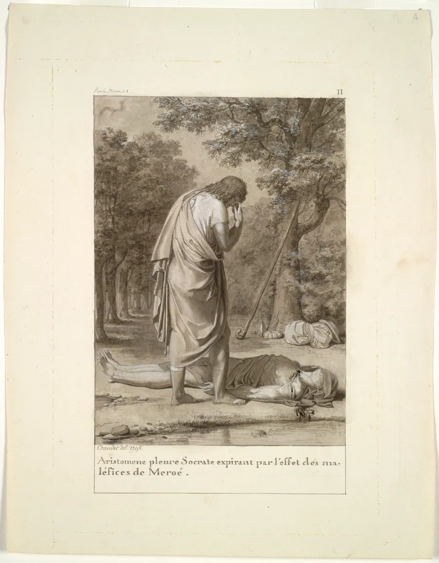 Aristomenes Mourning the Death of Socrates from the Bewitchment of Meroë (from Book 1 of Apuleius, "The Golden Ass") by Antoine-Denis Chaudet