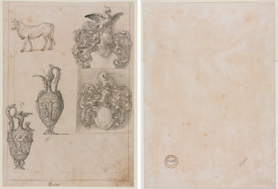 Design for Two Vases, Two Coats of Arms, and a Bull (recto) Several Line Borders (verso) by Luzio Romano