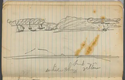 Sketchbook, page 132: Marine View with color notations