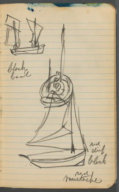 Sketchbook, page 137: Sailboats with notes