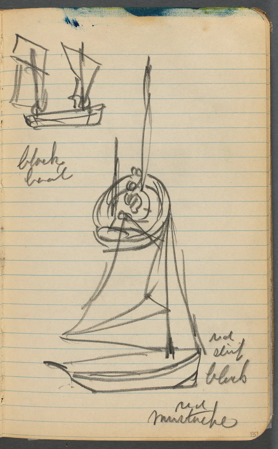 Sketchbook, page 137: Sailboats with notes by Maurice Prendergast