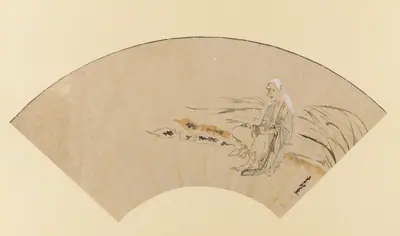 An old woman sitting on two overturned grave-posts