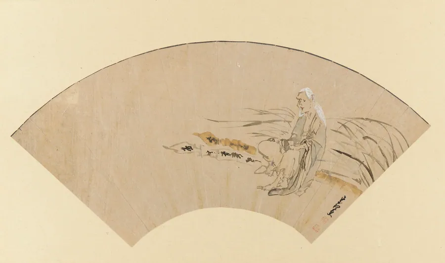 An old woman sitting on two overturned grave-posts by Tawaraya Sori III (fl. ca. late 18th-early 19th century)