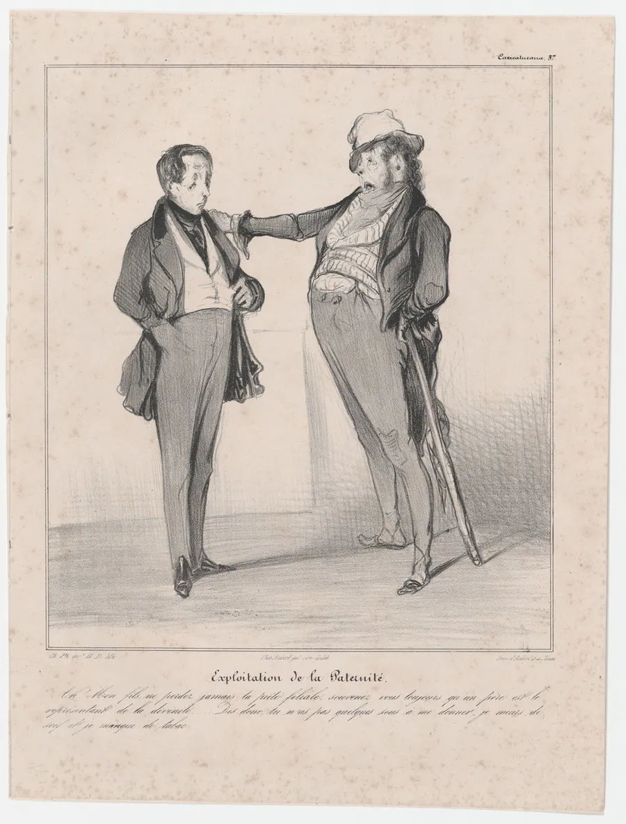 Plate 37: Exploitation of paternity, from 'Caricaturana,' published in Les Robert Macaires by Junca