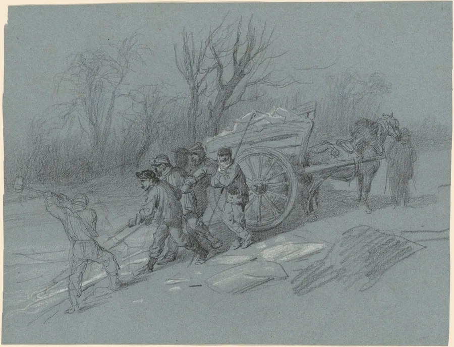 Workmen Gathering Ice at the Water's Edge by Hippolyte Lalaisse
