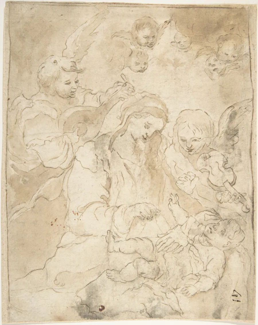 Madonna and Child with Angels Playing Lute and Viola da Braccio by Anonymous, Spanish, School of Seville, 17th century