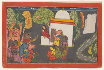 Hanuman spies Sita in the Ashoka Grove, from the “Shangri” Ramayana