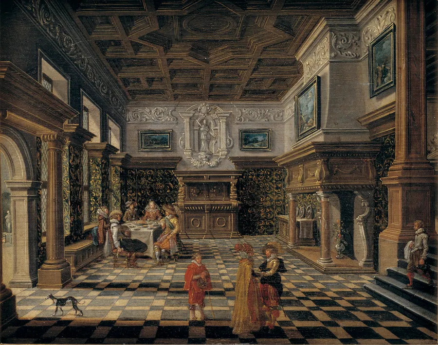 Renæssanceinteriør med et selskab ved et dækket bord by Bartholomeus van Bassen